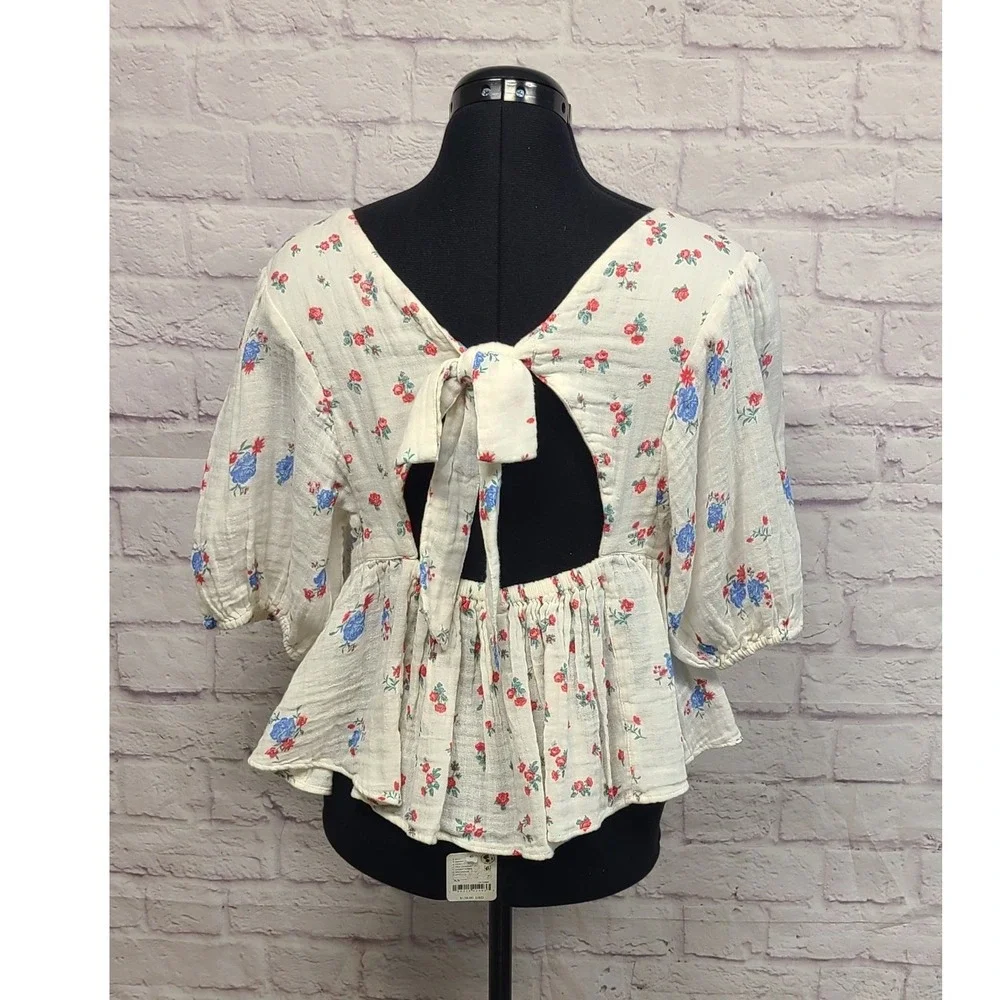 Free‎ People Floral Cotton Gauze Peplum Blouse Ivory Red Blue XS NEW WITH FLAW